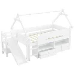 ModernLuxe Lit cabane enfant 90x200cm - toboggan - 2 tiroirs - barrières de sécurité - blanc (matelas non inclus)*Enfant Lit Enfant