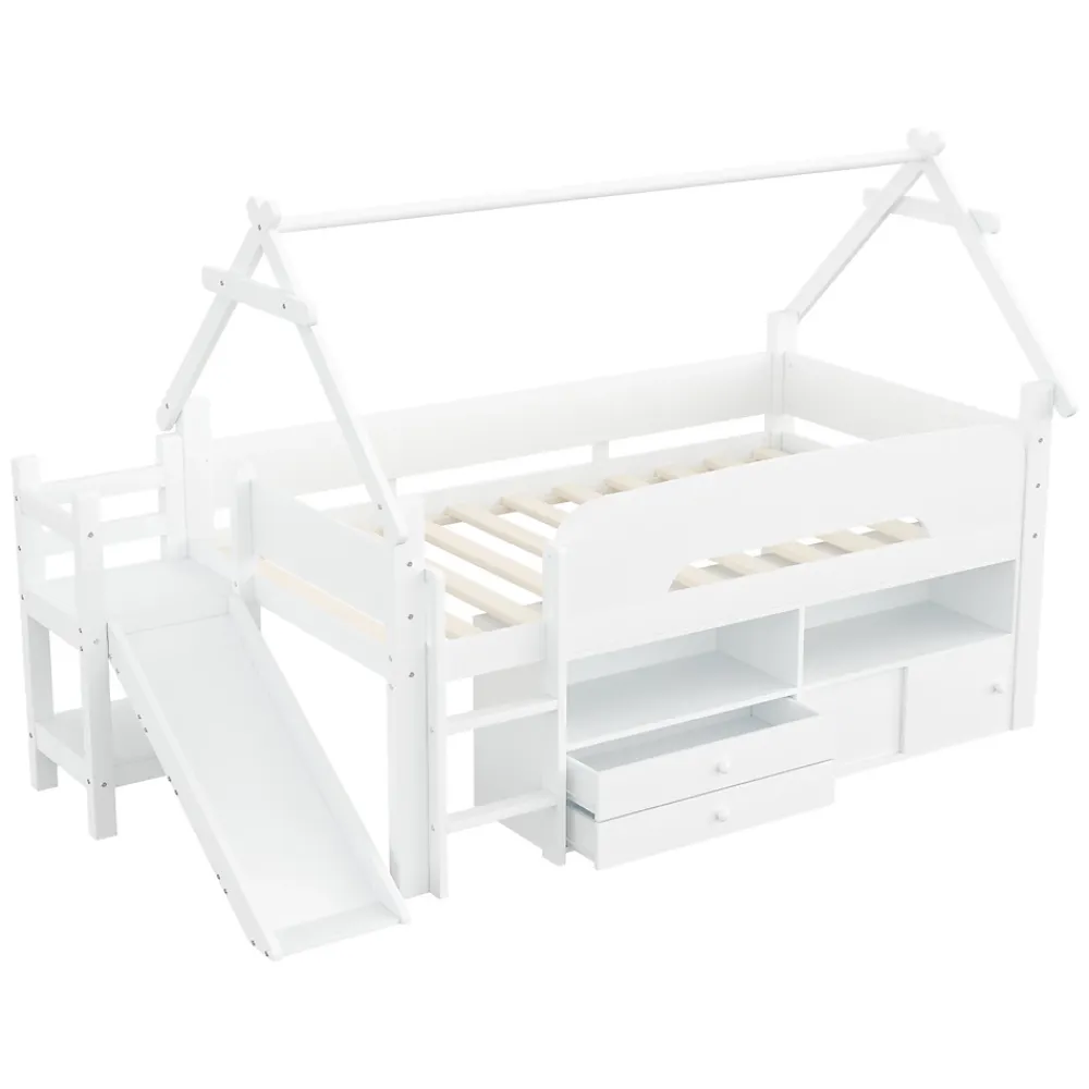 ModernLuxe Lit cabane enfant 90x200cm - toboggan - 2 tiroirs - barrières de sécurité - blanc (matelas non inclus)*Enfant Lit Enfant