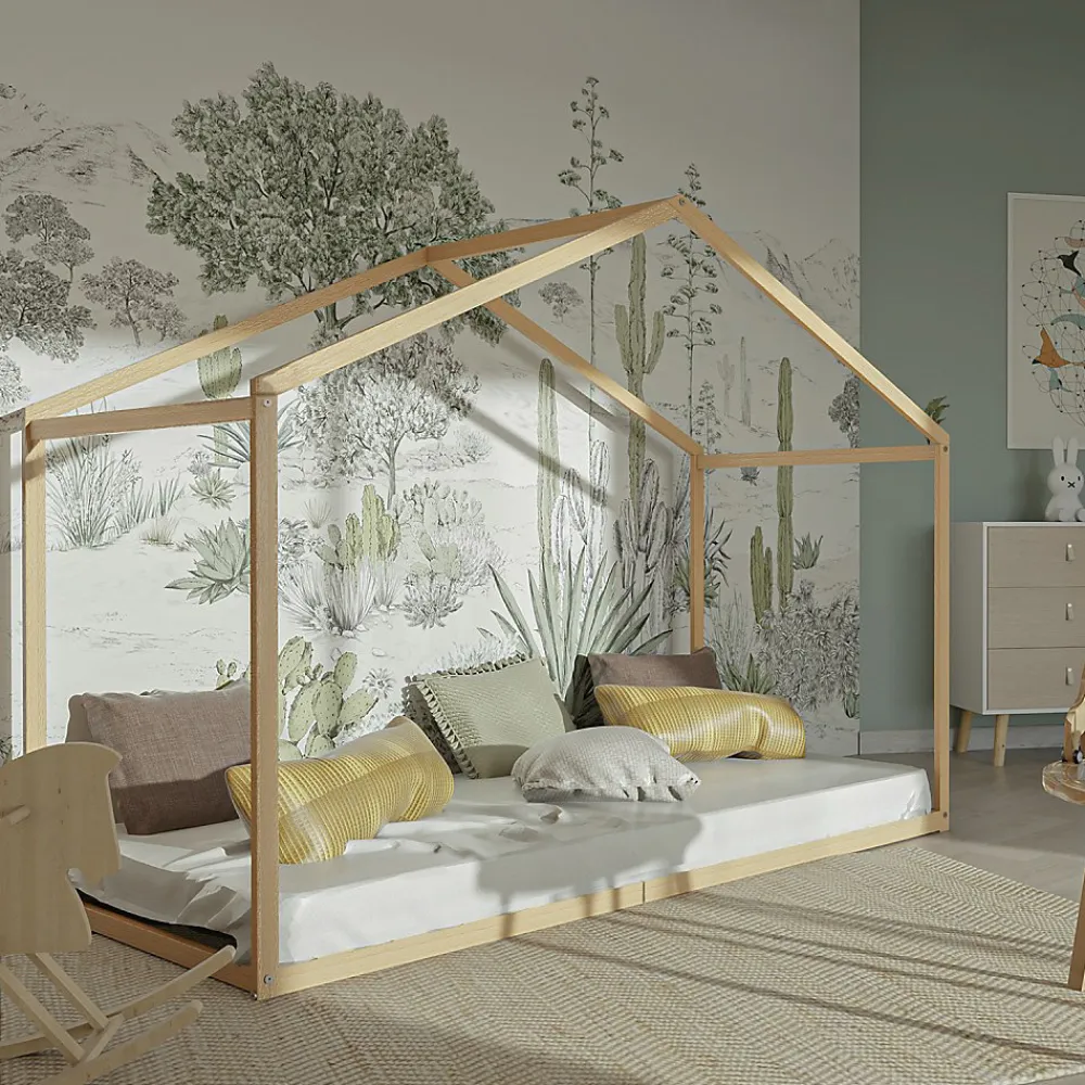 Lit cabane enfant 90x190cm bois massif WATE Naturel inclus sommier>Bb Loisir New