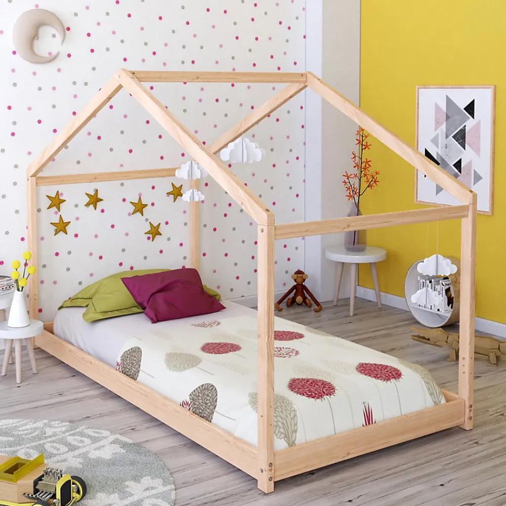 Lit cabane enfant 90x190cm bois massif KITO Naturel inclus sommier>Bb Loisir Clearance