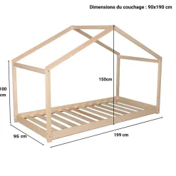 Lit cabane enfant 90x190cm bois massif KITO Naturel inclus sommier><noscript><img width=
