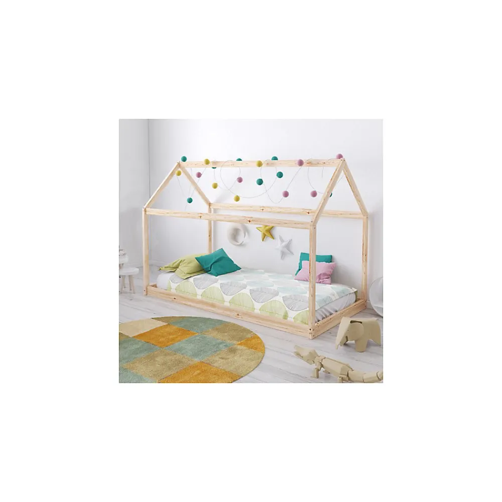 Bb Loisir Lit cabane enfant 70x140cm bois massif PANDOU Naturel inclus sommier*Enfant Lit Enfant