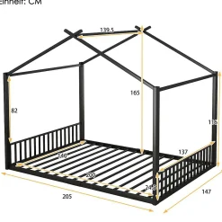 Blackcolors Lit Cabane Enfant 140x200cm Cadre Fer Barre Maison Noir*Enfant Lit Enfant
