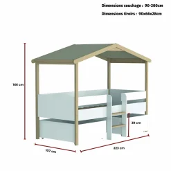 Lit cabane hauteur 90x200cm bois massif POLI naturel blanc inclus sommier et 2 tiroirs><noscript><img width=