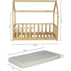 Lit cabane Kiwi 70x140 avec sommier et matelas /Naturel><noscript><img width=