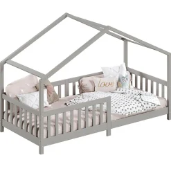 Lit cabane LISAN 90 x 190 cm, en pin massif lasuré gris><noscript><img width=