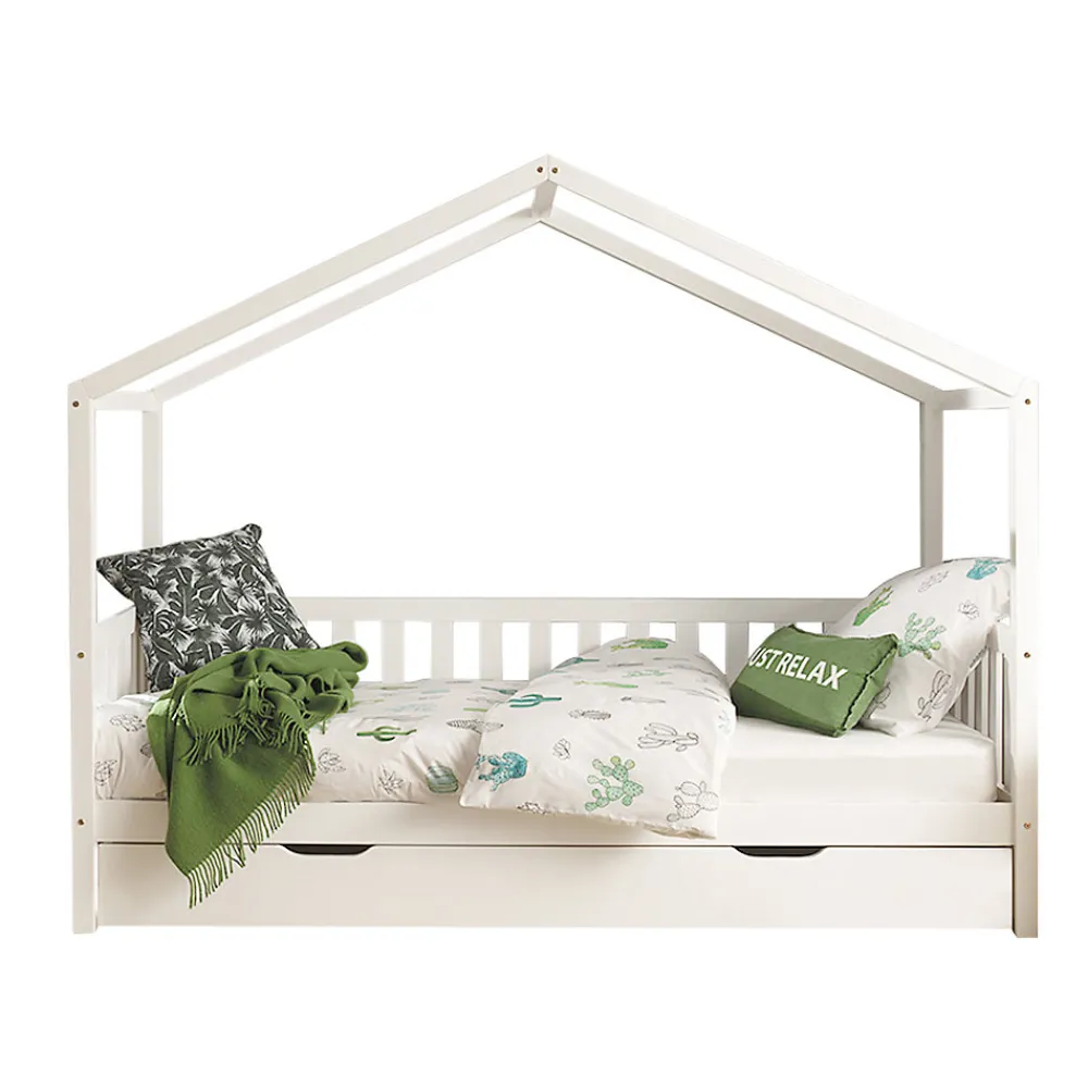 Lit cabane MH 90x200 sommier et tiroir inclus Vipack Dallas Blanc>Petits-Meubles Online