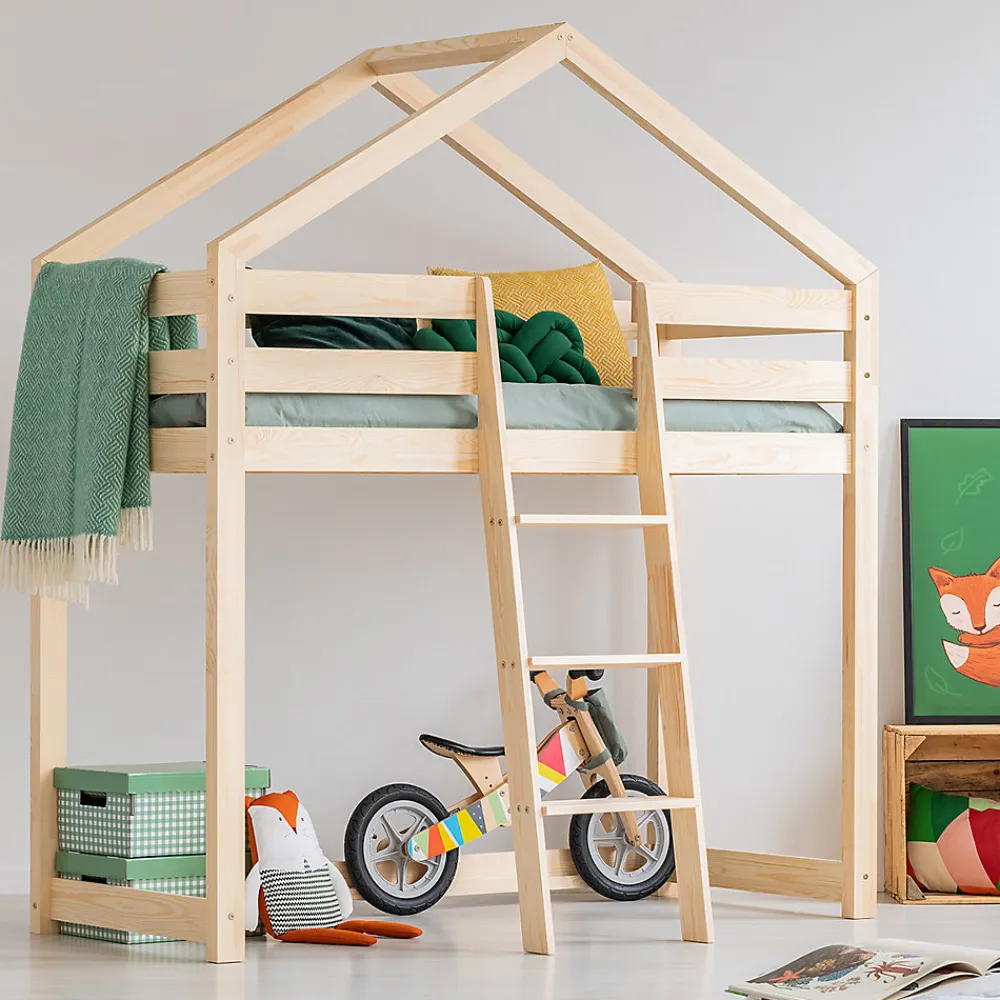 Lit cabane mi-hauteur 90x190 sommier inclus Jeanne Bois>Petits-Meubles Online