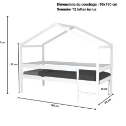 Weber Industries Lit cabane MIKA 90x190 + sommier + matelas IRIS / Blanc*Enfant Lit Enfant