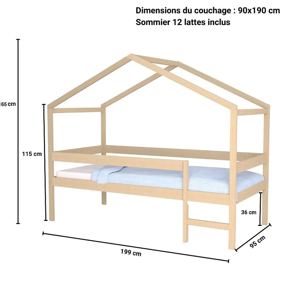 Weber Industries Lit cabane MIKA 90x190 + sommier + matelas IRIS / Naturel*Enfant Lit Enfant