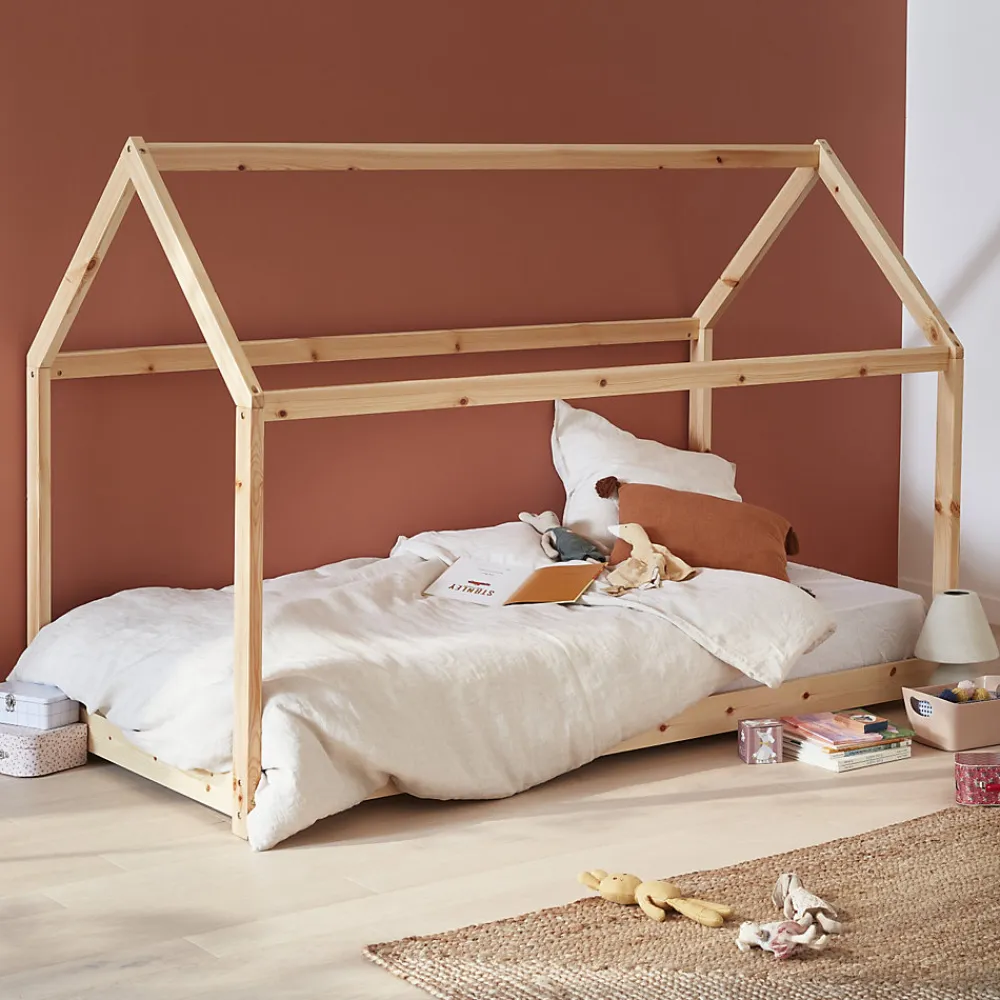 Lit cabane Montessori. bois massif en pin naturel - Tobias - sommier inclus. 90 x 190 cm>Sweeek Clearance