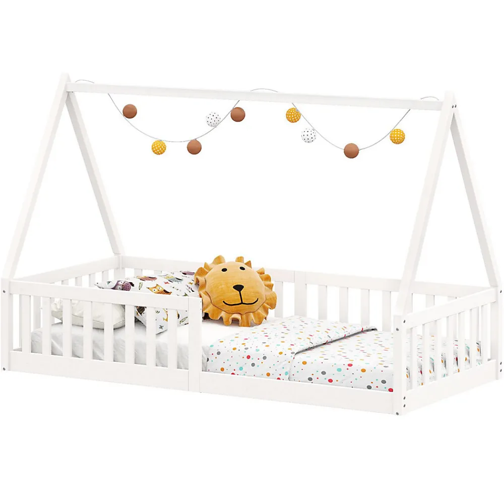 Lit cabane NICOLAS 90 x 190 cm, en pin massif laqué blanc>Idimex