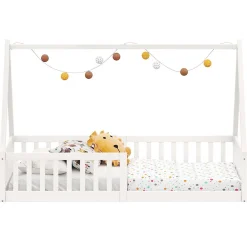 Lit cabane NICOLAS 90 x 190 cm, en pin massif laqué blanc><noscript><img width=