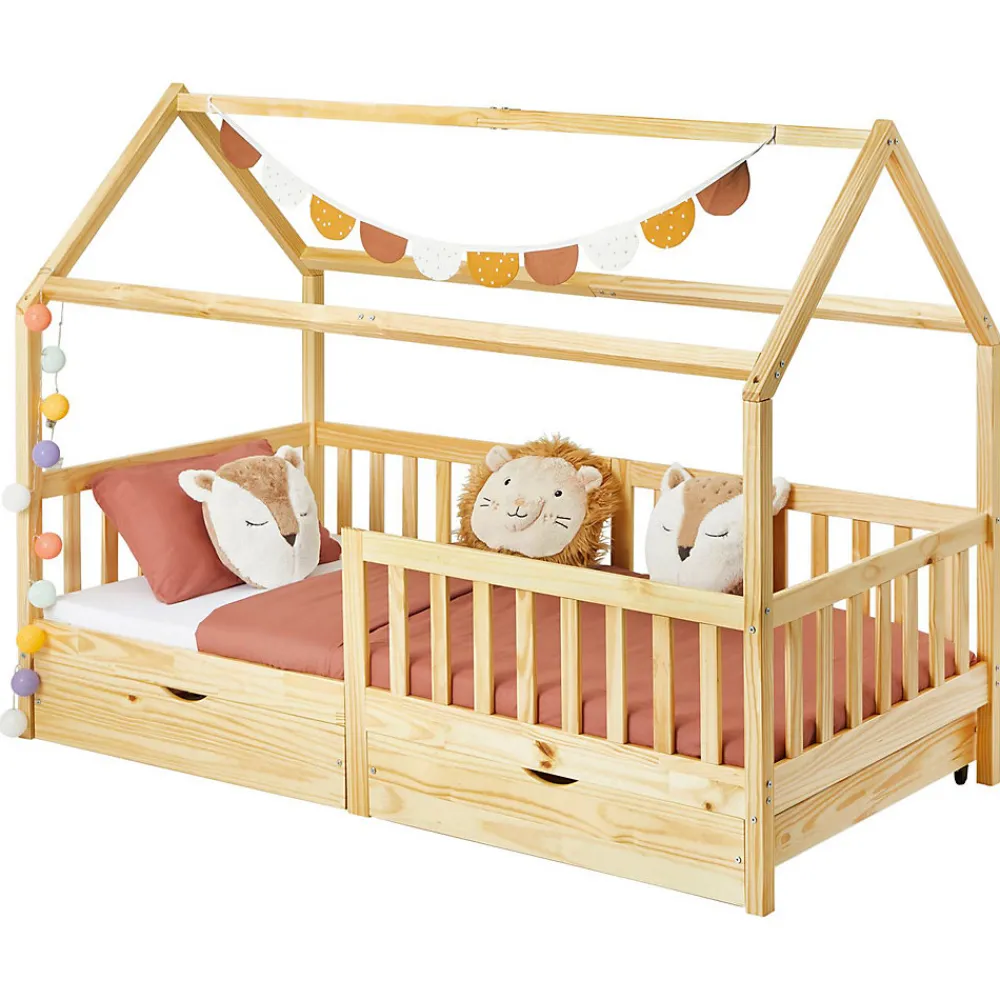 Lit cabane NUNA avec tiroirs, 90 x 200 cm en pin massif finition naturelle>Idimex New
