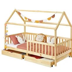Lit cabane NUNA avec tiroirs, 90 x 200 cm en pin massif finition naturelle><noscript><img width=