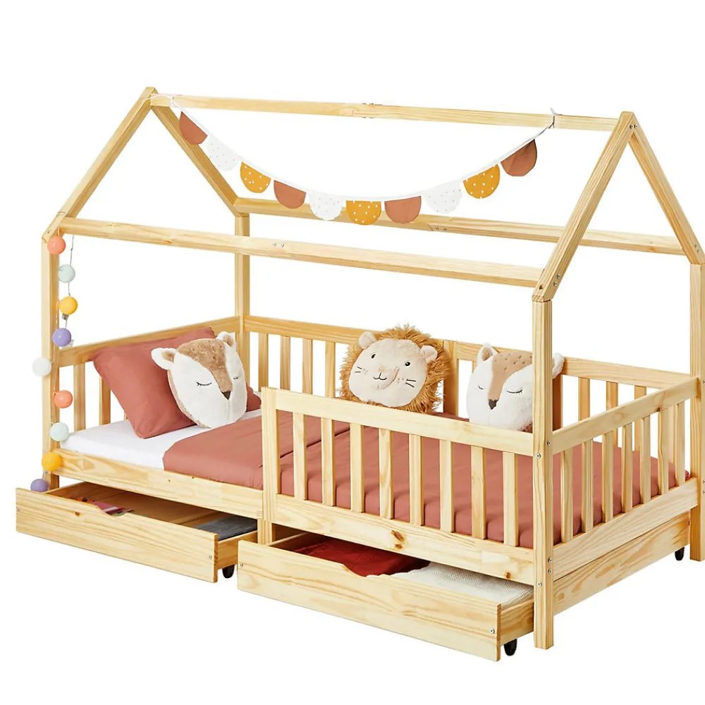 Lit cabane NUNA avec tiroirs, 90 x 200 cm en pin massif finition naturelle>Idimex New