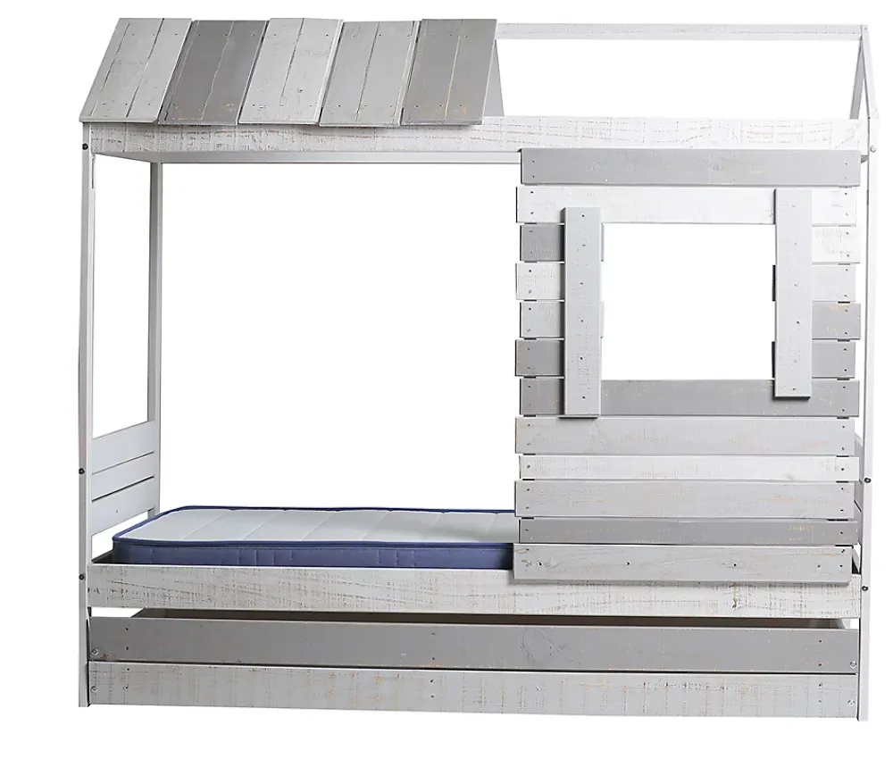 Pegane Lit cabane pour enfant en bois coloris blanc, gris - couchage 90 x 190 cm - Longueur 200 x Profondeur 102 x Hauteur 181 cm* Lit Coffre