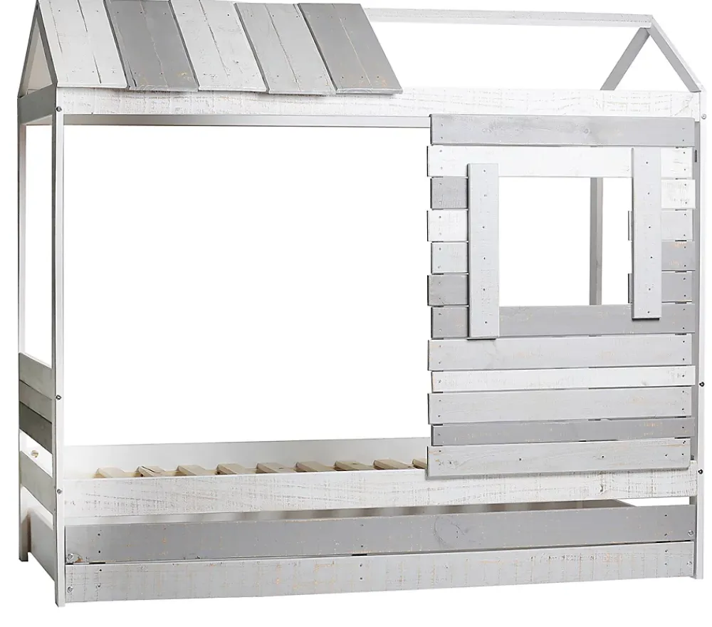 Pegane Lit cabane pour enfant en bois coloris blanc, gris - couchage 90 x 190 cm - Longueur 200 x Profondeur 102 x Hauteur 181 cm* Lit Coffre