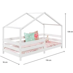Lit cabane RENA 90 x 190 cm, en pin massif lasuré blanc><noscript><img width=