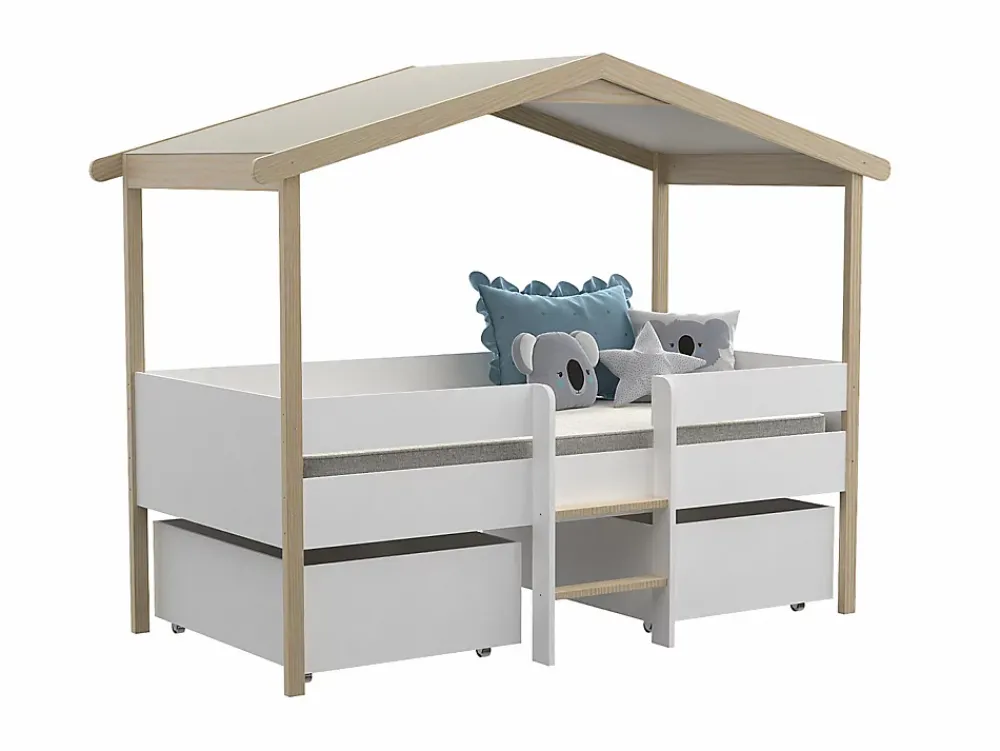 Vente-unique Lit cabane SAROSI avec tiroirs - 90 x 190 cm - Tilleul - Blanc et chêne + matelas*Enfant Lit Enfant