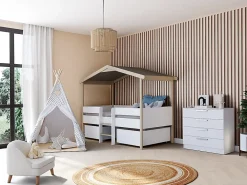 Vente-unique Lit cabane SAROSI avec tiroirs - 90 x 190 cm - Tilleul - Blanc et chêne + matelas*Enfant Lit Enfant