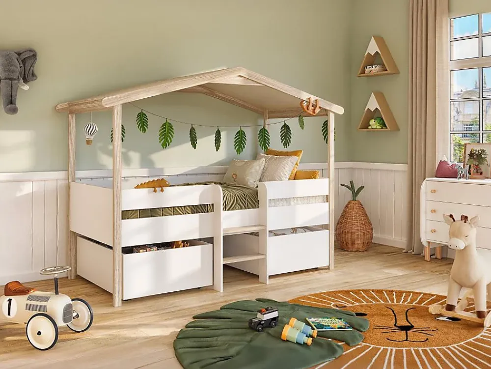 Vente-unique Lit cabane SAROSI avec tiroirs - 90 x 190 cm - Tilleul - Blanc et chêne + matelas*Enfant Lit Enfant