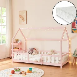 Lit cabane Sisimiut avec matelas 90 x 200 cm rose / blanc en.casa>[En.Casa] Best