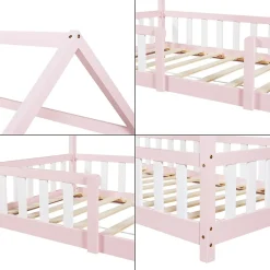 Lit cabane Sisimiut avec matelas 90 x 200 cm rose / blanc en.casa><noscript><img width=