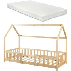 [En.Casa] Lit cabane Sisimiut avec matelas 90 x 200 cm naturel en.casa*Enfant Lit Enfant