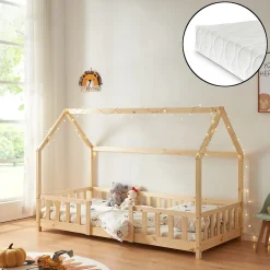[En.Casa] Lit cabane Sisimiut avec matelas 90 x 200 cm naturel en.casa*Enfant Lit Enfant
