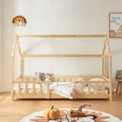 [En.Casa] Lit cabane Sisimiut avec matelas 90 x 200 cm naturel en.casa*Enfant Lit Enfant