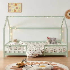 [En.Casa] Lit cabane Sisimiut avec matelas 140 x 200 cm vert menthe / blanc en.casa*Enfant Lit Enfant