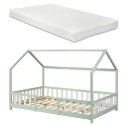 [En.Casa] Lit cabane Sisimiut avec matelas 140 x 200 cm vert menthe / blanc en.casa*Enfant Lit Enfant