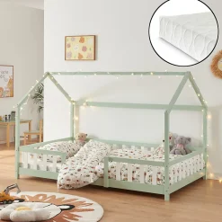 [En.Casa] Lit cabane Sisimiut avec matelas 120 x 200 cm vert menthe / blanc en.casa*Enfant Lit Enfant
