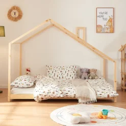 [En.Casa] Lit cabane Siuntio bois de pin 140 x 200 cm naturel en.casa*Enfant Lit Enfant