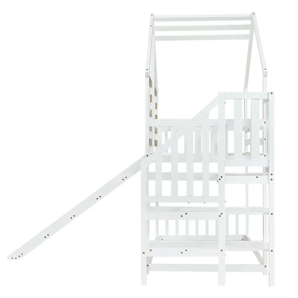 Simple Life Lit cabane superposé avec toboggan, escalier, fenêtres, garde-corps, bois massif, blanc*Enfant Lit Enfant
