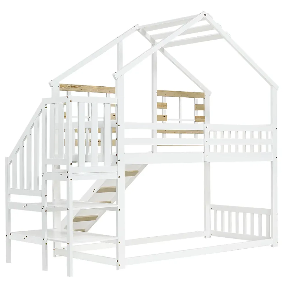 Simple Life Lit cabane superposé avec toboggan, escalier, fenêtres, garde-corps, bois massif, blanc*Enfant Lit Enfant