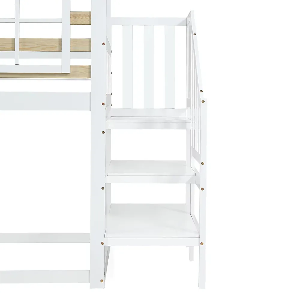 Simple Life Lit cabane superposé avec toboggan, escalier, fenêtres, garde-corps, bois massif, blanc*Enfant Lit Enfant