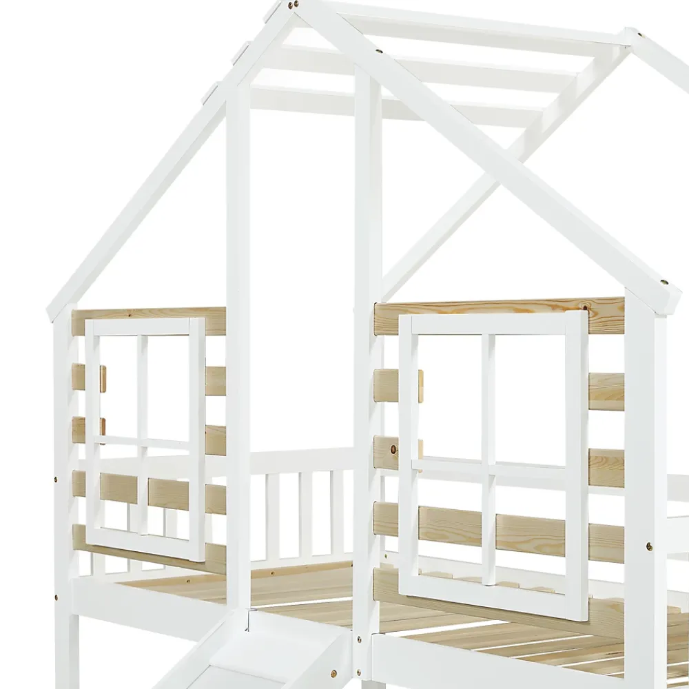 Simple Life Lit cabane superposé avec toboggan, escalier, fenêtres, garde-corps, bois massif, blanc*Enfant Lit Enfant