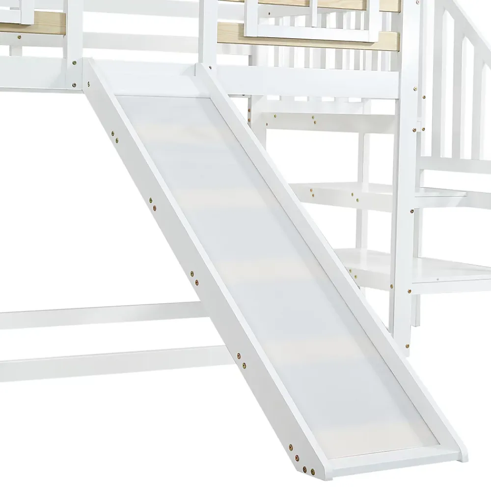 Simple Life Lit cabane superposé avec toboggan, escalier, fenêtres, garde-corps, bois massif, blanc*Enfant Lit Enfant