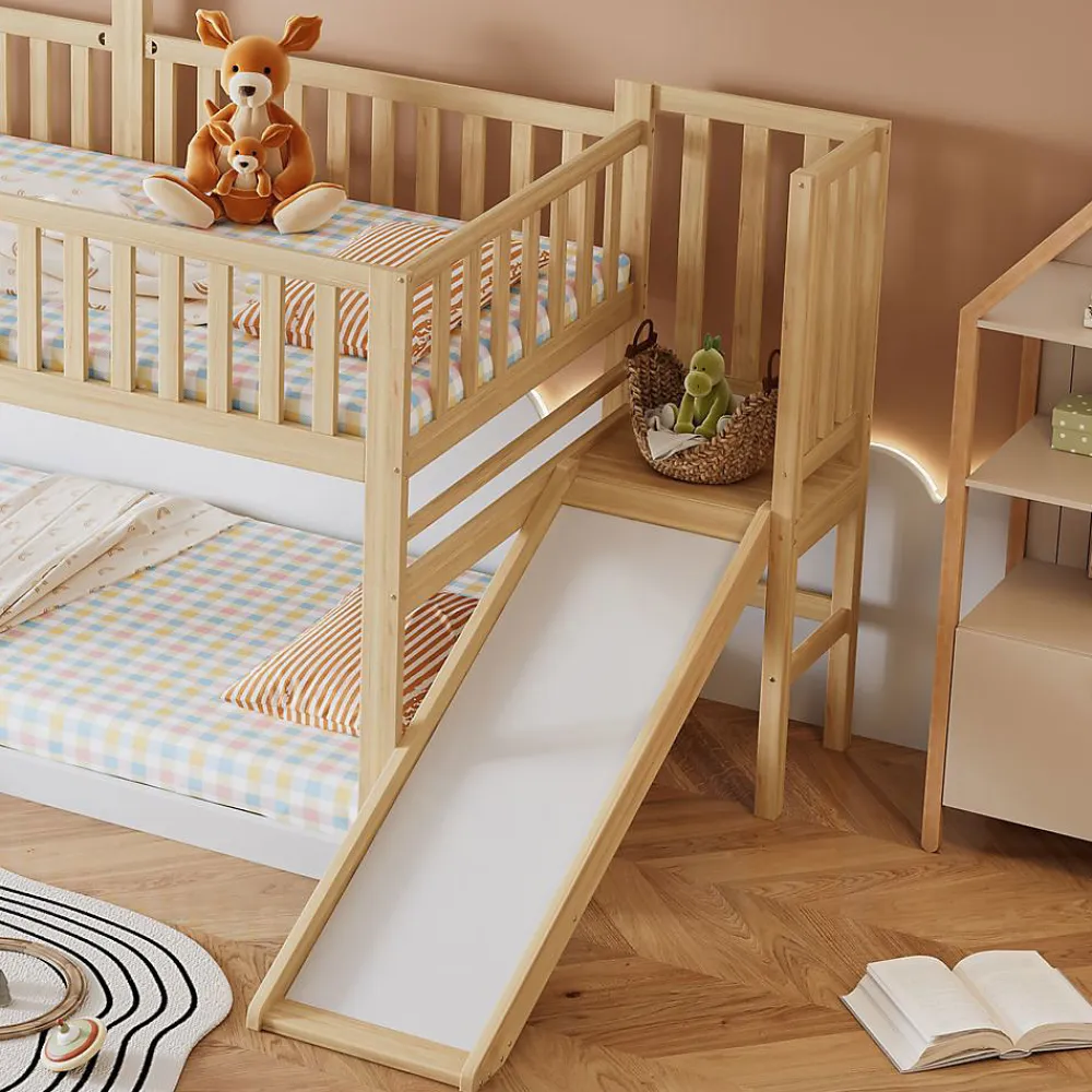 Lit Cabane Superposé 90x200cm Échelle Toboggan Naturel Blanc>Blackcolors Outlet