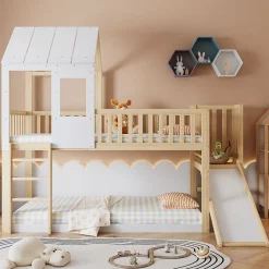Lit Cabane Superposé 90x200cm Échelle Toboggan Naturel Blanc><noscript><img width=