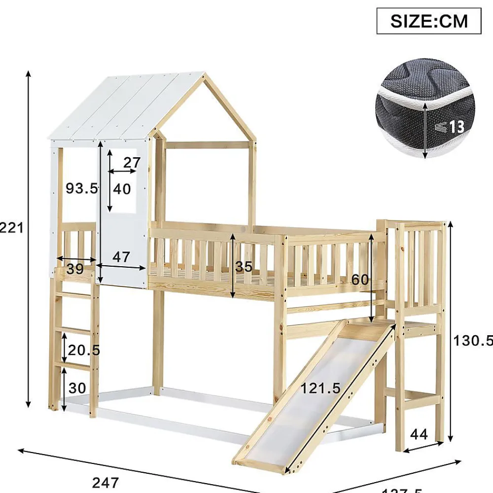 Lit Cabane Superposé 90x200cm Échelle Toboggan Naturel Blanc>Blackcolors Outlet
