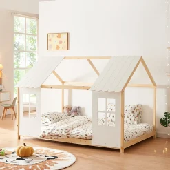 Lit cabane Tostedt pour enfant forme maison bois de pin 140 x 200 cm naturel blanc en.casa>[En.Casa] Best