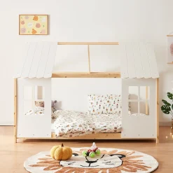 Lit cabane Tostedt pour enfant forme maison bois de pin 140 x 200 cm naturel blanc en.casa>[En.Casa] Best