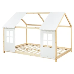 Lit cabane Tostedt pour enfant forme maison bois de pin 140 x 200 cm naturel blanc en.casa><noscript><img width=
