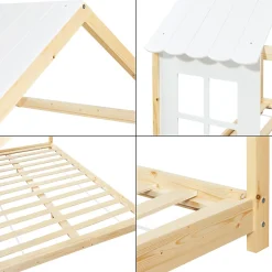 Lit cabane Tostedt pour enfant forme maison bois de pin 140 x 200 cm naturel blanc en.casa><noscript><img width=