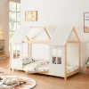 Lit cabane Tostedt pour enfant forme maison bois de pin 90 x 200 cm naturel blanc en.casa>[En.Casa] Online