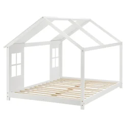[En.Casa] Lit cabane Tostedt pour enfant forme maison bois de pin 120 x 200 cm blanc en.casa*Enfant Lit Enfant