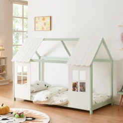 Lit cabane Tostedt pour enfant forme maison bois de pin 90 x 200 cm vert menthe blanc en.casa>[En.Casa] Clearance